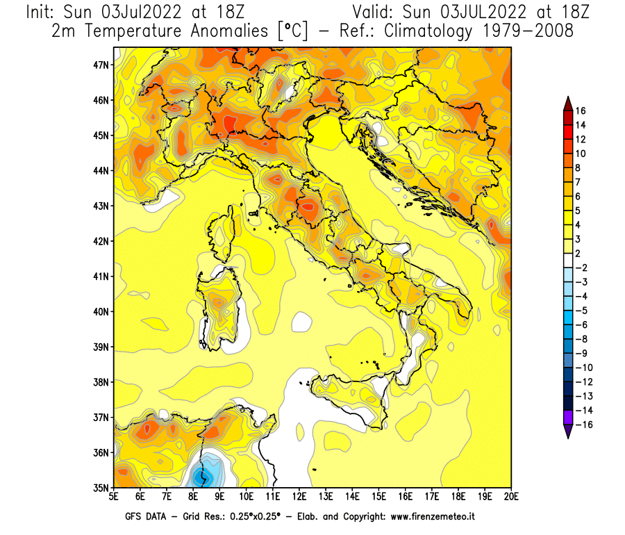 Mappa di analisi GFS - Anomalia Temperatura [°C] a 2 m in Italia
							del 03/07/2022 18 <!--googleoff: index-->UTC<!--googleon: index-->