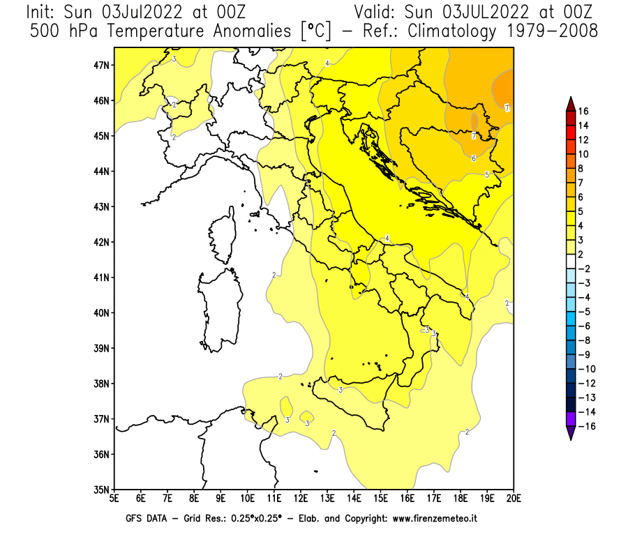GFS analysi map - Temperature Anomalies [°C] at 500 hPa in Italy
									on 03/07/2022 00 <!--googleoff: index-->UTC<!--googleon: index-->