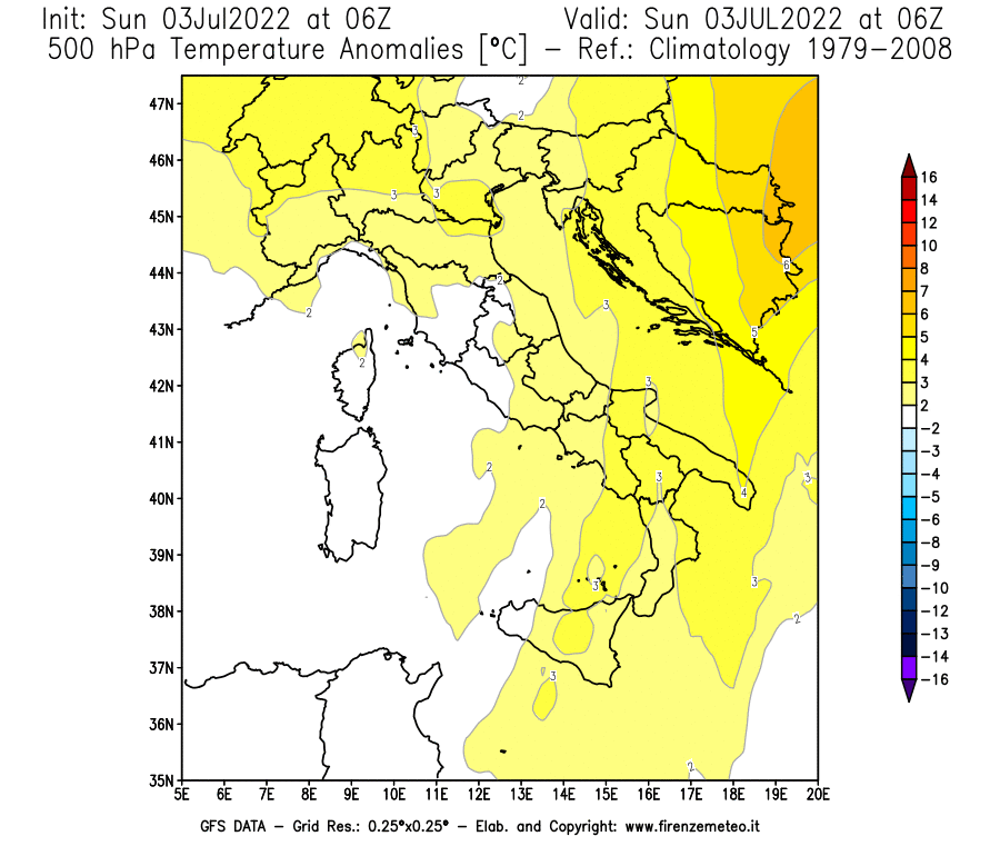 Mappa di analisi GFS - Anomalia Temperatura [°C] a 500 hPa in Italia
							del 03/07/2022 06 <!--googleoff: index-->UTC<!--googleon: index-->