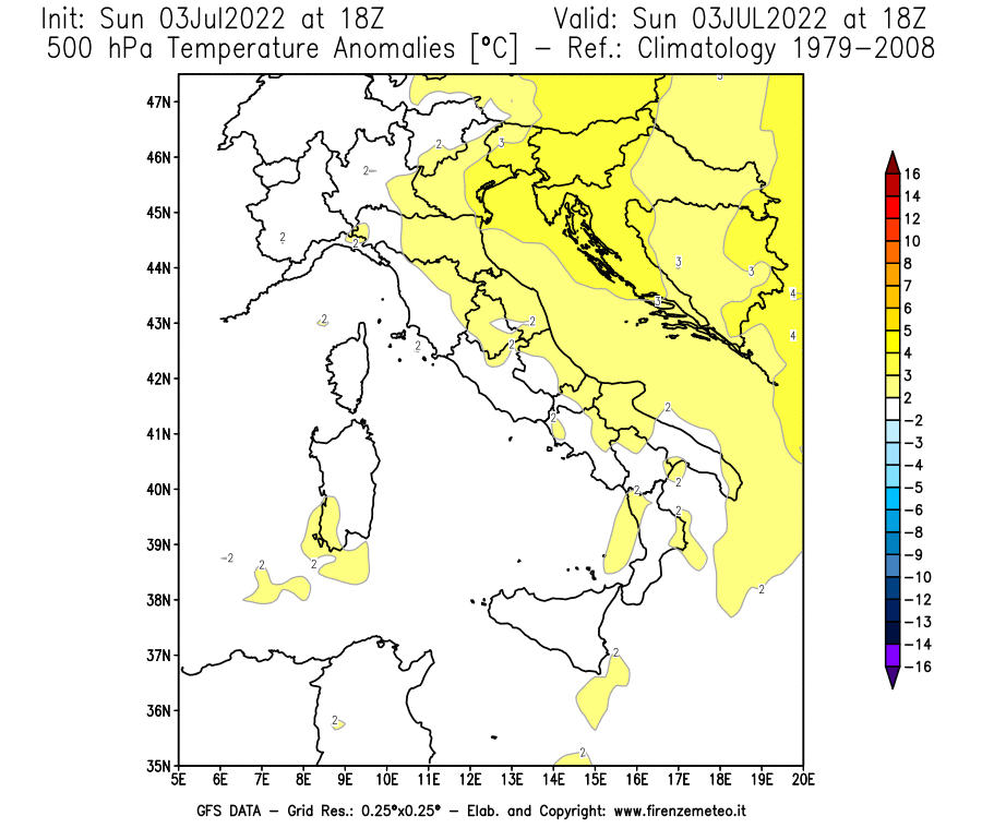 Mappa di analisi GFS - Anomalia Temperatura [°C] a 500 hPa in Italia
							del 03/07/2022 18 <!--googleoff: index-->UTC<!--googleon: index-->