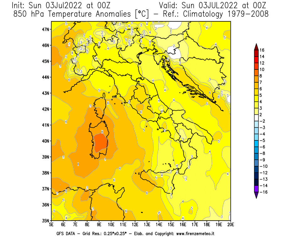 Mappa di analisi GFS - Anomalia Temperatura [°C] a 850 hPa in Italia
							del 03/07/2022 00 <!--googleoff: index-->UTC<!--googleon: index-->