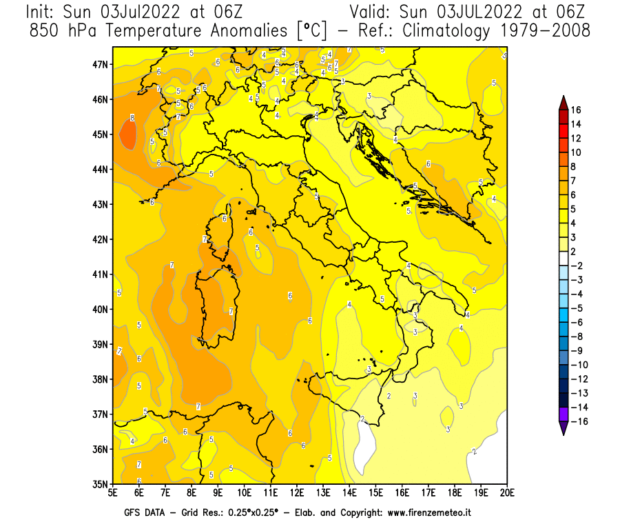 Mappa di analisi GFS - Anomalia Temperatura [°C] a 850 hPa in Italia
							del 03/07/2022 06 <!--googleoff: index-->UTC<!--googleon: index-->