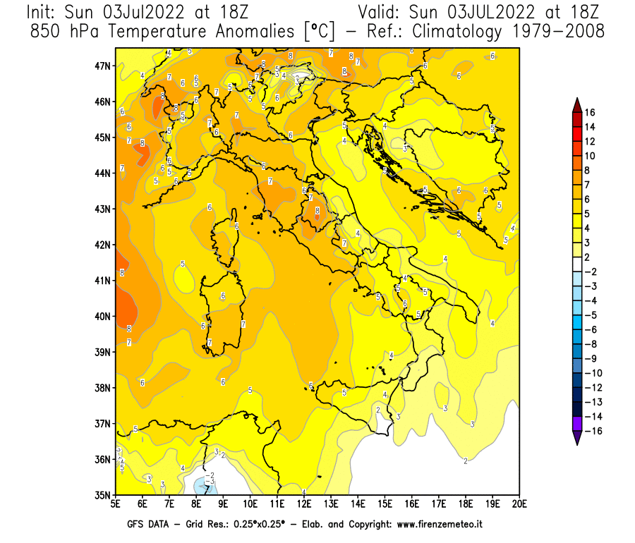 Mappa di analisi GFS - Anomalia Temperatura [°C] a 850 hPa in Italia
							del 03/07/2022 18 <!--googleoff: index-->UTC<!--googleon: index-->