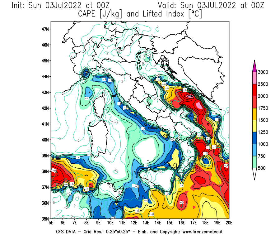 GFS analysi map - CAPE [J/kg] and Lifted Index [°C] in Italy
									on 03/07/2022 00 <!--googleoff: index-->UTC<!--googleon: index-->