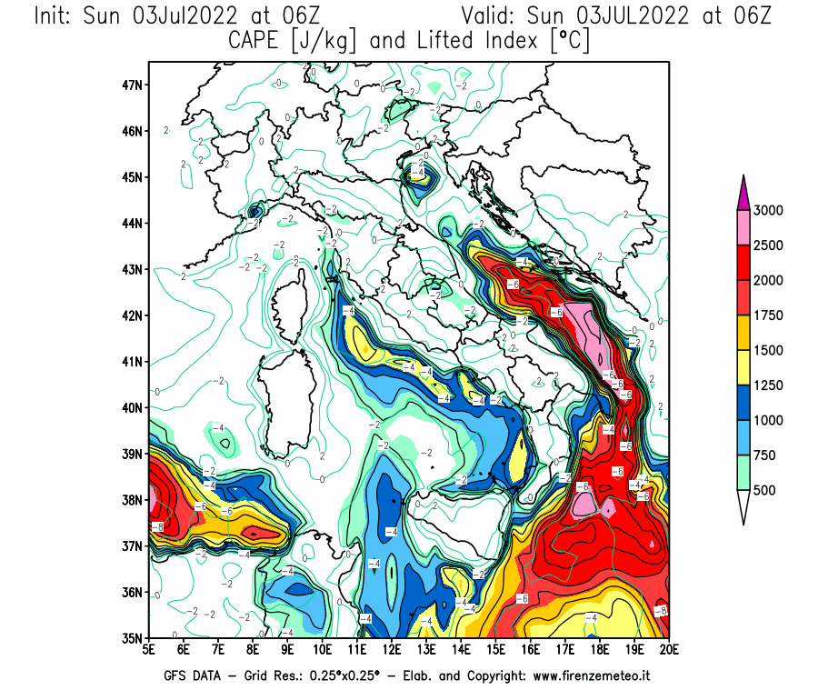 Mappa di analisi GFS - CAPE [J/kg] e Lifted Index [°C] in Italia
							del 03/07/2022 06 <!--googleoff: index-->UTC<!--googleon: index-->