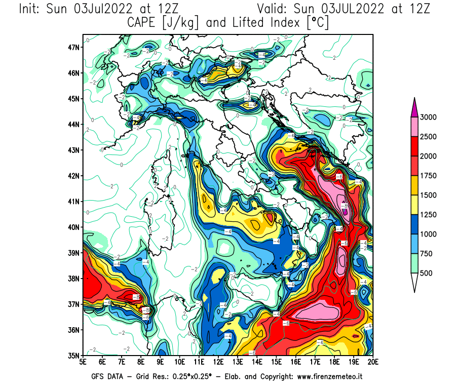 GFS analysi map - CAPE [J/kg] and Lifted Index [°C] in Italy
									on 03/07/2022 12 <!--googleoff: index-->UTC<!--googleon: index-->
