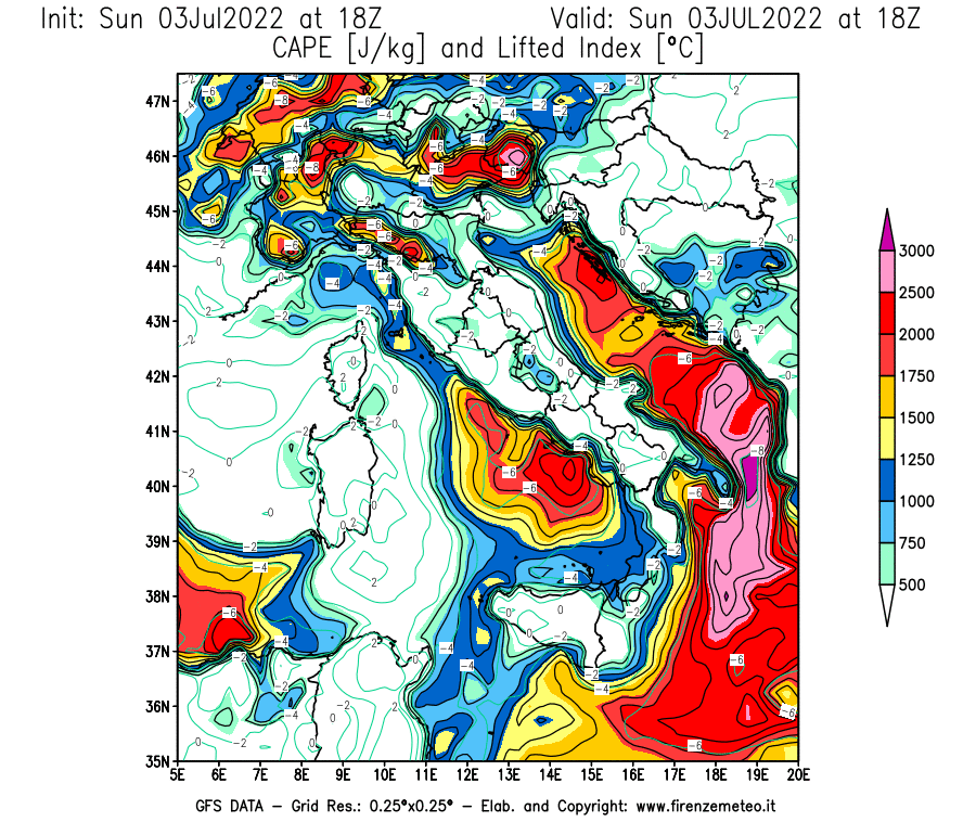 Mappa di analisi GFS - CAPE [J/kg] e Lifted Index [°C] in Italia
							del 03/07/2022 18 <!--googleoff: index-->UTC<!--googleon: index-->