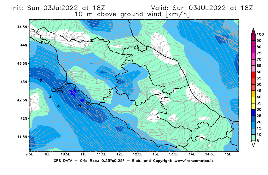 GFS analysi map - Wind Speed at 10 m above ground [km/h] in Central Italy
									on 03/07/2022 18 <!--googleoff: index-->UTC<!--googleon: index-->