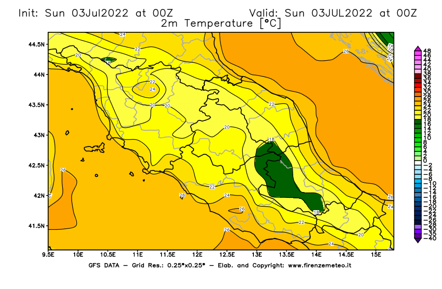 Mappa di analisi GFS - Temperatura a 2 metri dal suolo [°C] in Centro-Italia
							del 03/07/2022 00 <!--googleoff: index-->UTC<!--googleon: index-->