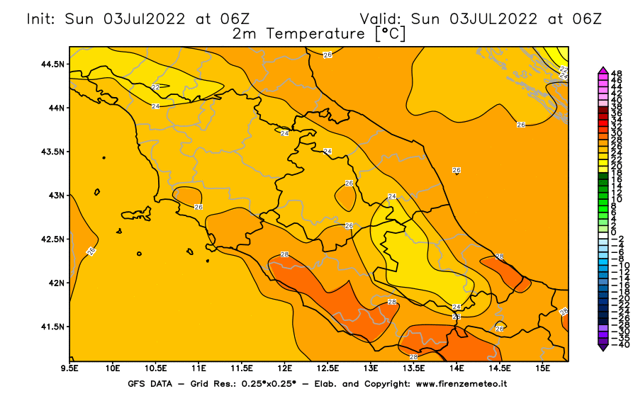 Mappa di analisi GFS - Temperatura a 2 metri dal suolo [°C] in Centro-Italia
							del 03/07/2022 06 <!--googleoff: index-->UTC<!--googleon: index-->