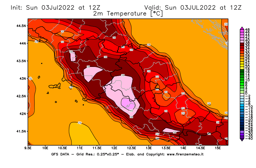 Mappa di analisi GFS - Temperatura a 2 metri dal suolo [°C] in Centro-Italia
							del 03/07/2022 12 <!--googleoff: index-->UTC<!--googleon: index-->