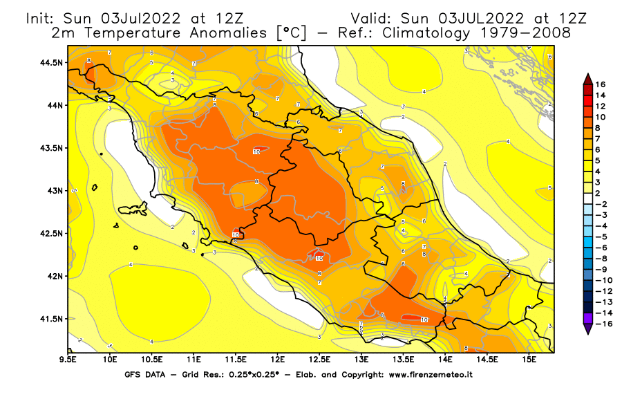 Mappa di analisi GFS - Anomalia Temperatura [°C] a 2 m in Centro-Italia
							del 03/07/2022 12 <!--googleoff: index-->UTC<!--googleon: index-->