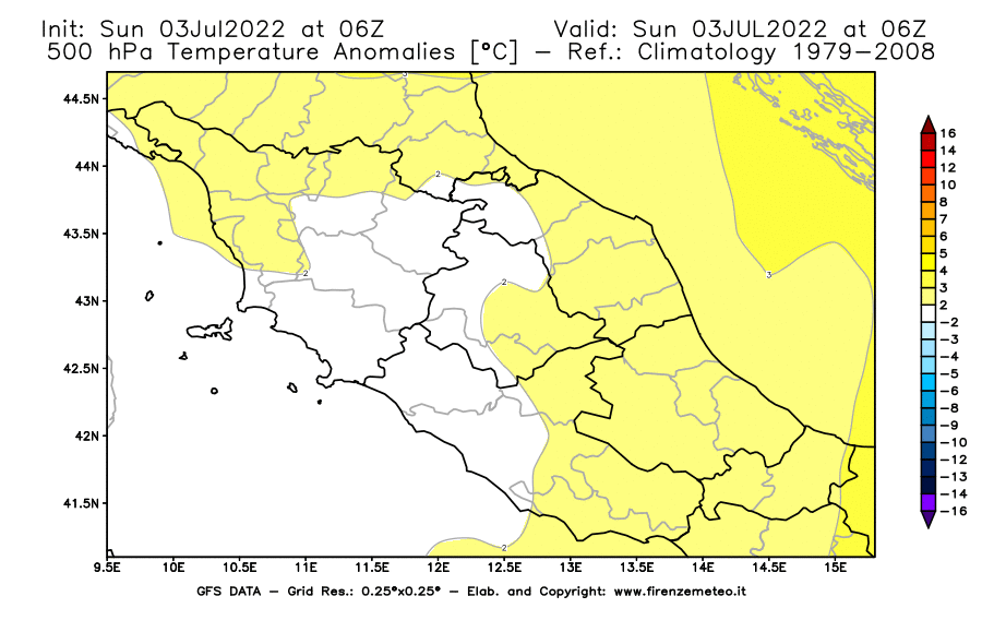 Mappa di analisi GFS - Anomalia Temperatura [°C] a 500 hPa in Centro-Italia
							del 03/07/2022 06 <!--googleoff: index-->UTC<!--googleon: index-->