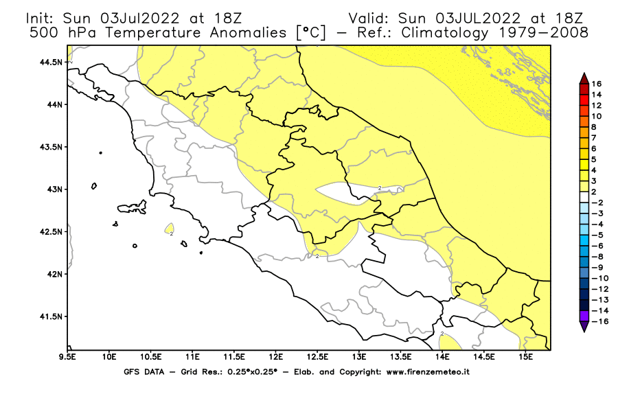 GFS analysi map - Temperature Anomalies [°C] at 500 hPa in Central Italy
									on 03/07/2022 18 <!--googleoff: index-->UTC<!--googleon: index-->