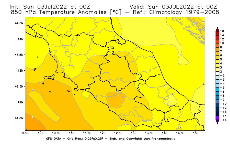 Mappa di analisi GFS - Anomalia Temperatura [°C] a 850 hPa in Centro-Italia
							del 03/07/2022 00 <!--googleoff: index-->UTC<!--googleon: index-->