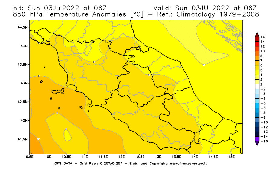 Mappa di analisi GFS - Anomalia Temperatura [°C] a 850 hPa in Centro-Italia
							del 03/07/2022 06 <!--googleoff: index-->UTC<!--googleon: index-->