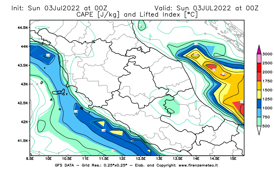 GFS analysi map - CAPE [J/kg] and Lifted Index [°C] in Central Italy
									on 03/07/2022 00 <!--googleoff: index-->UTC<!--googleon: index-->