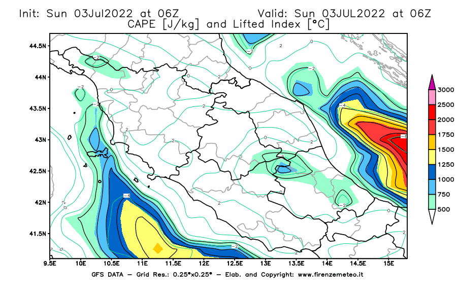 GFS analysi map - CAPE [J/kg] and Lifted Index [°C] in Central Italy
									on 03/07/2022 06 <!--googleoff: index-->UTC<!--googleon: index-->