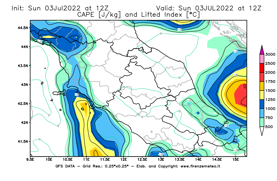 GFS analysi map - CAPE [J/kg] and Lifted Index [°C] in Central Italy
									on 03/07/2022 12 <!--googleoff: index-->UTC<!--googleon: index-->