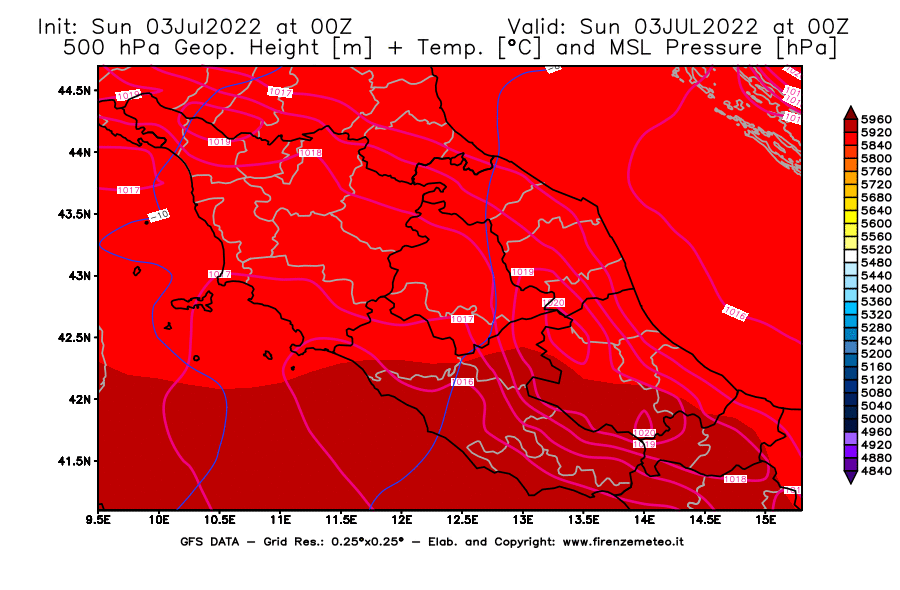 Mappa di analisi GFS - Geopotenziale [m] + Temp. [°C] a 500 hPa + Press. a livello del mare [hPa] in Centro-Italia
							del 03/07/2022 00 <!--googleoff: index-->UTC<!--googleon: index-->