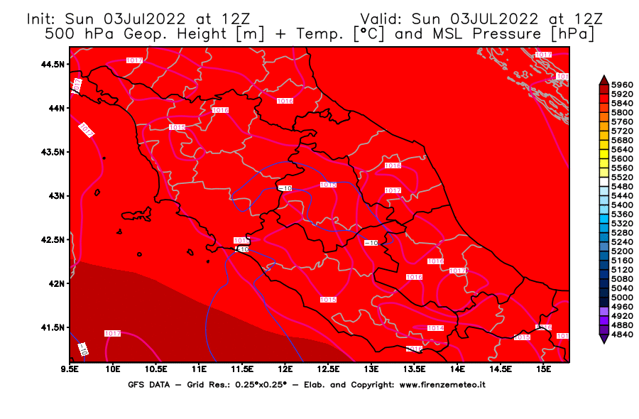 Mappa di analisi GFS - Geopotenziale [m] + Temp. [°C] a 500 hPa + Press. a livello del mare [hPa] in Centro-Italia
							del 03/07/2022 12 <!--googleoff: index-->UTC<!--googleon: index-->