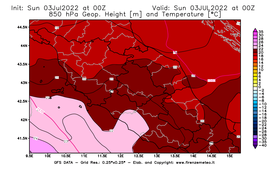 Mappa di analisi GFS - Geopotenziale [m] e Temperatura [°C] a 850 hPa in Centro-Italia
							del 03/07/2022 00 <!--googleoff: index-->UTC<!--googleon: index-->