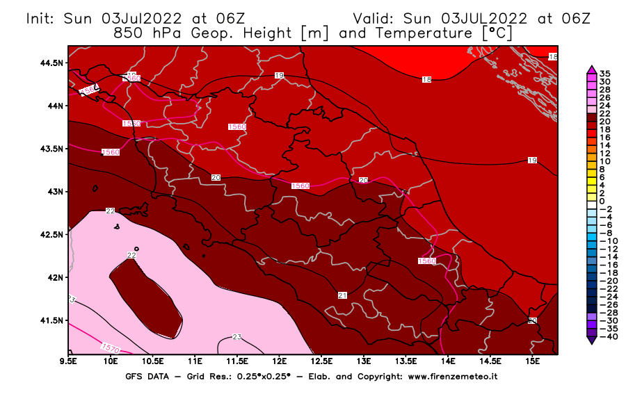 Mappa di analisi GFS - Geopotenziale [m] e Temperatura [°C] a 850 hPa in Centro-Italia
							del 03/07/2022 06 <!--googleoff: index-->UTC<!--googleon: index-->