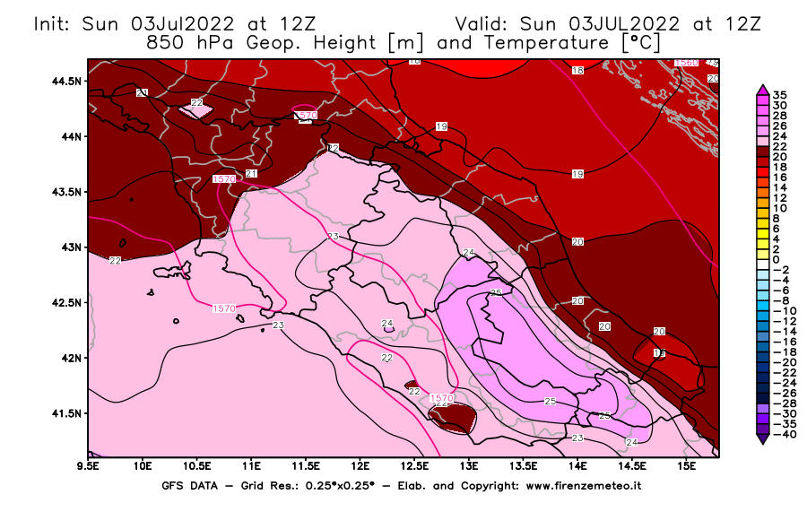 Mappa di analisi GFS - Geopotenziale [m] e Temperatura [°C] a 850 hPa in Centro-Italia
							del 03/07/2022 12 <!--googleoff: index-->UTC<!--googleon: index-->