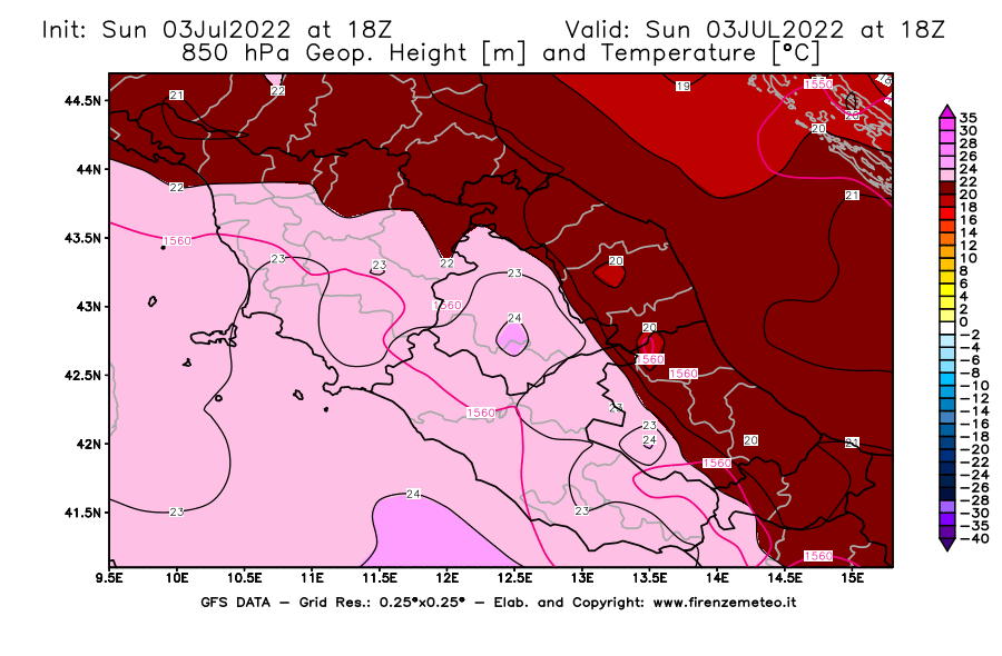 Mappa di analisi GFS - Geopotenziale [m] e Temperatura [°C] a 850 hPa in Centro-Italia
							del 03/07/2022 18 <!--googleoff: index-->UTC<!--googleon: index-->