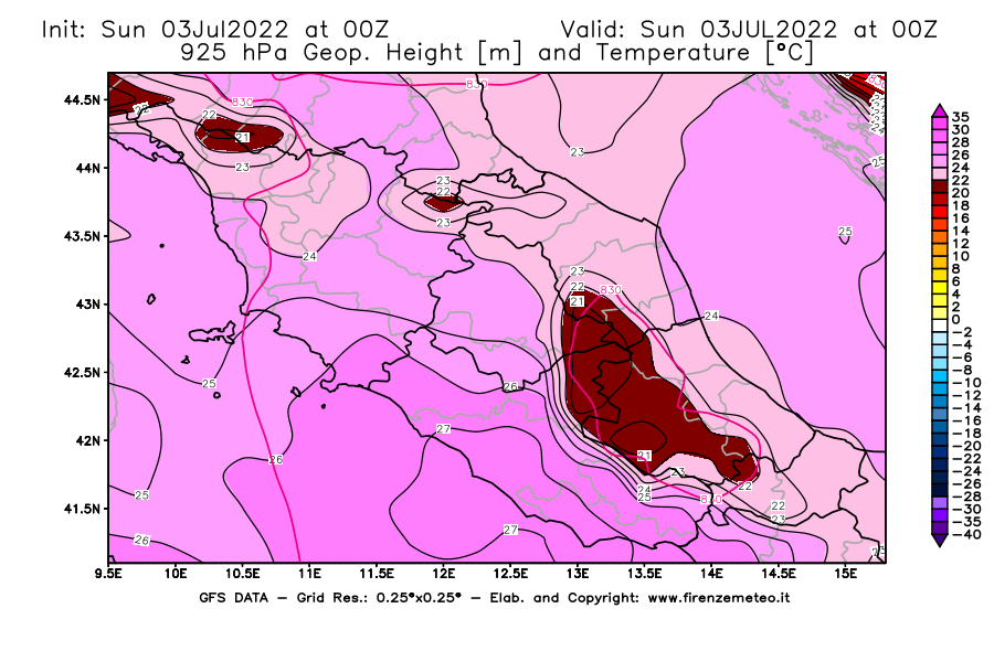 Mappa di analisi GFS - Geopotenziale [m] e Temperatura [°C] a 925 hPa in Centro-Italia
							del 03/07/2022 00 <!--googleoff: index-->UTC<!--googleon: index-->