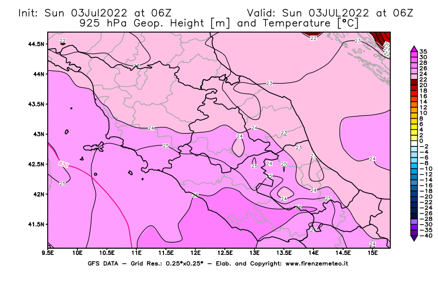 Mappa di analisi GFS - Geopotenziale [m] e Temperatura [°C] a 925 hPa in Centro-Italia
							del 03/07/2022 06 <!--googleoff: index-->UTC<!--googleon: index-->