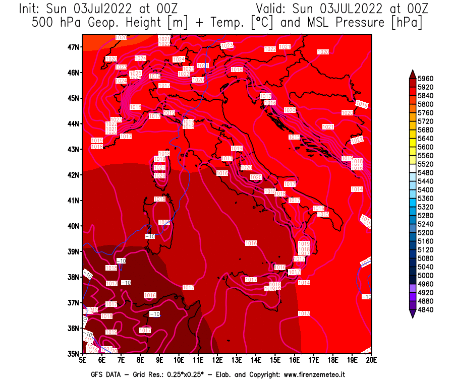 Mappa di analisi GFS - Geopotenziale [m] + Temp. [°C] a 500 hPa + Press. a livello del mare [hPa] in Italia
							del 03/07/2022 00 <!--googleoff: index-->UTC<!--googleon: index-->
