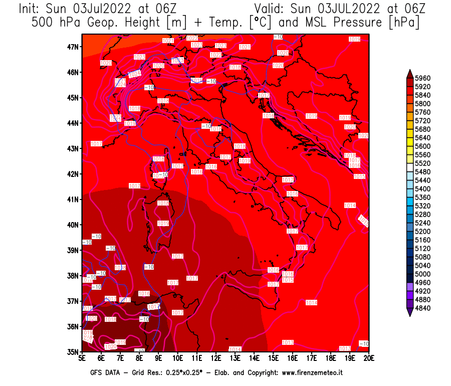 Mappa di analisi GFS - Geopotenziale [m] + Temp. [°C] a 500 hPa + Press. a livello del mare [hPa] in Italia
							del 03/07/2022 06 <!--googleoff: index-->UTC<!--googleon: index-->
