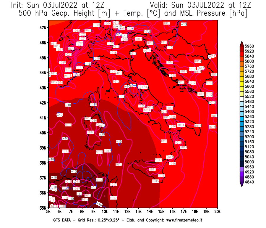 GFS analysi map - Geopotential [m] + Temp. [°C] at 500 hPa + Sea Level Pressure [hPa] in Italy
									on 03/07/2022 12 <!--googleoff: index-->UTC<!--googleon: index-->
