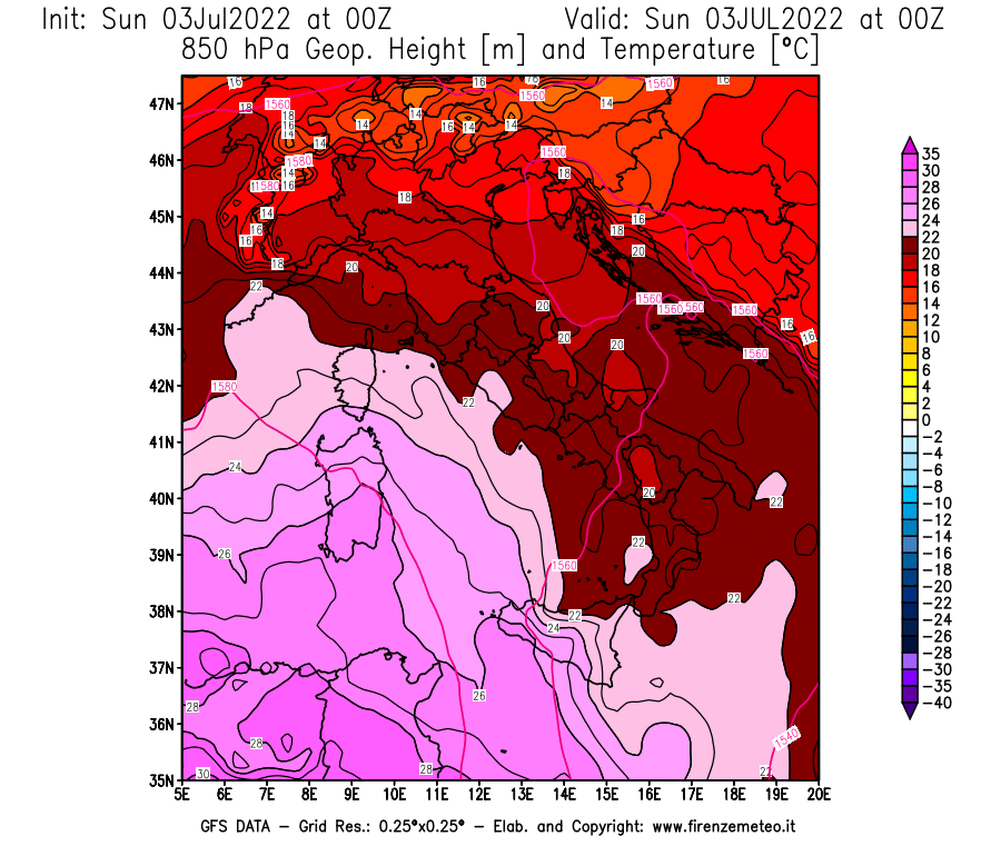 Mappa di analisi GFS - Geopotenziale [m] e Temperatura [°C] a 850 hPa in Italia
							del 03/07/2022 00 <!--googleoff: index-->UTC<!--googleon: index-->