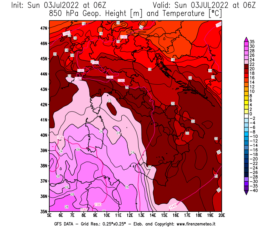 Mappa di analisi GFS - Geopotenziale [m] e Temperatura [°C] a 850 hPa in Italia
							del 03/07/2022 06 <!--googleoff: index-->UTC<!--googleon: index-->