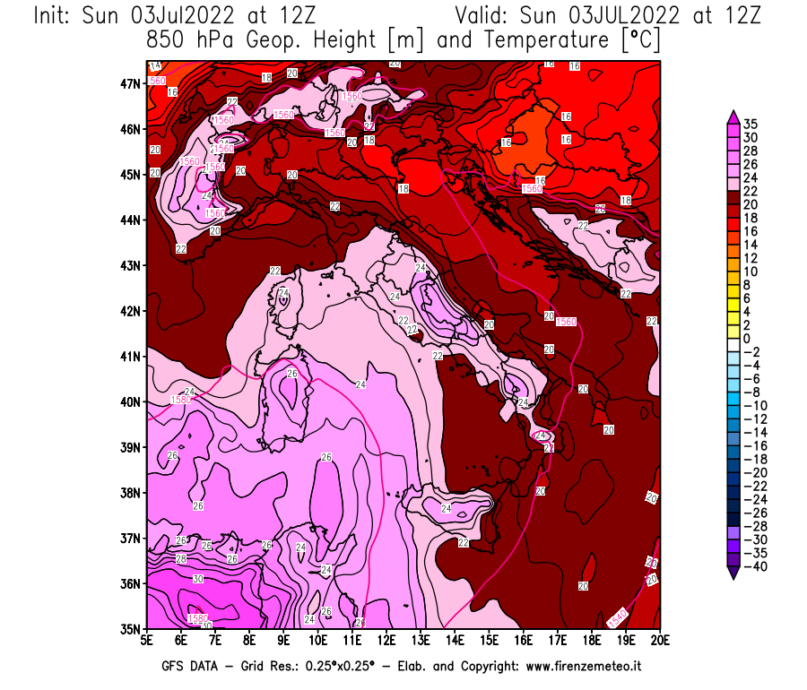Mappa di analisi GFS - Geopotenziale [m] e Temperatura [°C] a 850 hPa in Italia
							del 03/07/2022 12 <!--googleoff: index-->UTC<!--googleon: index-->