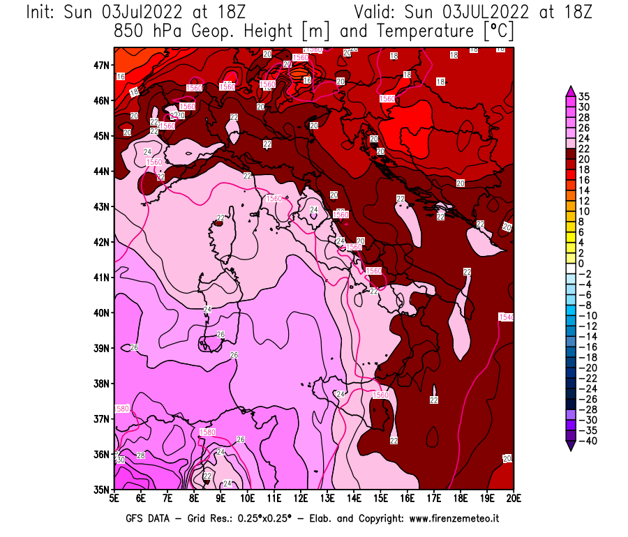 GFS analysi map - Geopotential [m] and Temperature [°C] at 850 hPa in Italy
									on 03/07/2022 18 <!--googleoff: index-->UTC<!--googleon: index-->