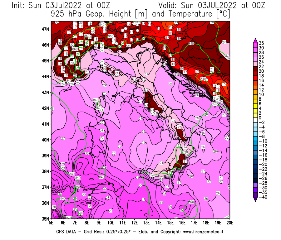 Mappa di analisi GFS - Geopotenziale [m] e Temperatura [°C] a 925 hPa in Italia
							del 03/07/2022 00 <!--googleoff: index-->UTC<!--googleon: index-->