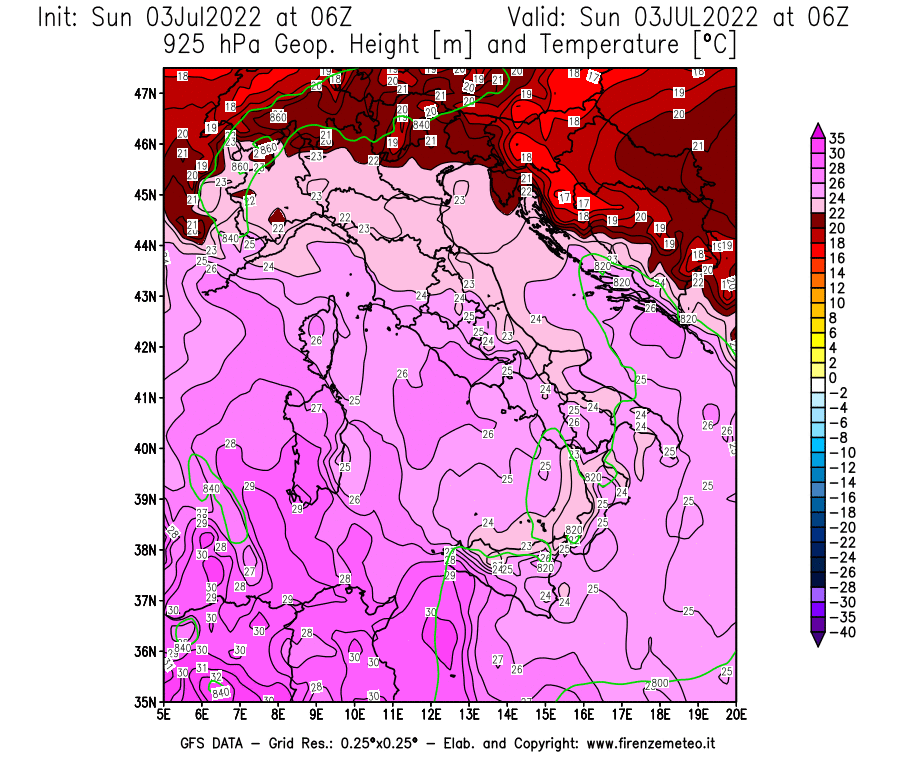 Mappa di analisi GFS - Geopotenziale [m] e Temperatura [°C] a 925 hPa in Italia
							del 03/07/2022 06 <!--googleoff: index-->UTC<!--googleon: index-->