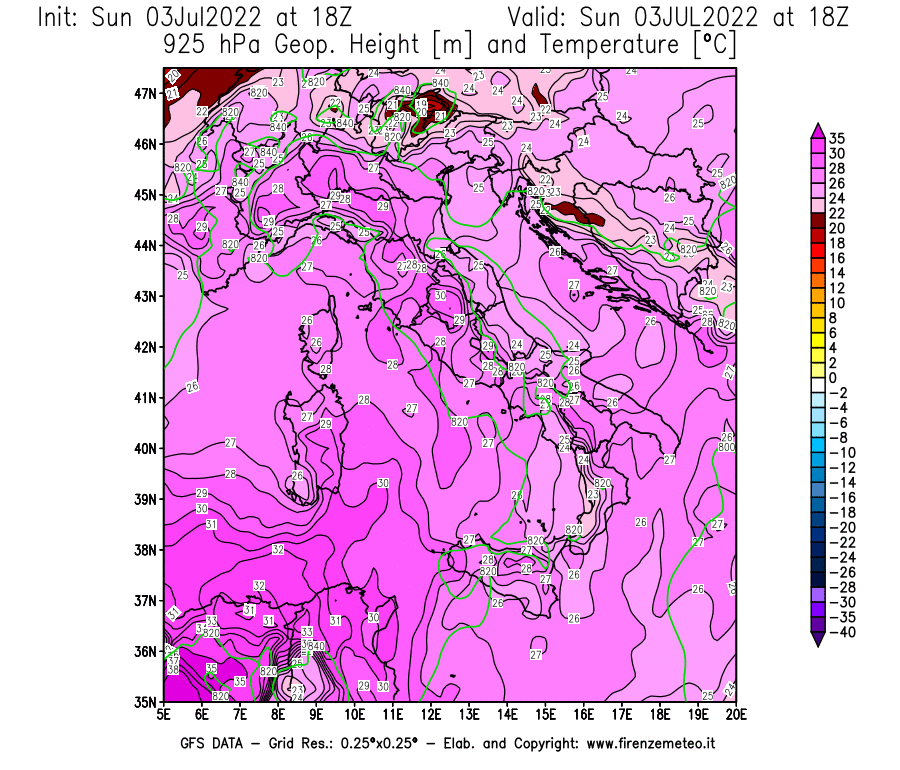 GFS analysi map - Geopotential [m] and Temperature [°C] at 925 hPa in Italy
									on 03/07/2022 18 <!--googleoff: index-->UTC<!--googleon: index-->