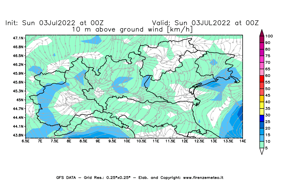 Mappa di analisi GFS - Velocità del vento a 10 metri dal suolo [km/h] in Nord-Italia
							del 03/07/2022 00 <!--googleoff: index-->UTC<!--googleon: index-->
