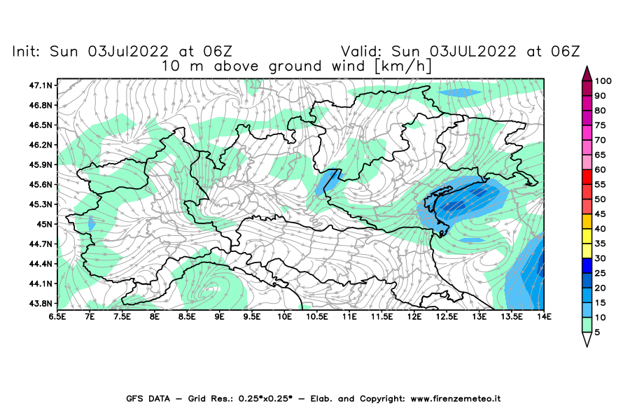 Mappa di analisi GFS - Velocità del vento a 10 metri dal suolo [km/h] in Nord-Italia
							del 03/07/2022 06 <!--googleoff: index-->UTC<!--googleon: index-->