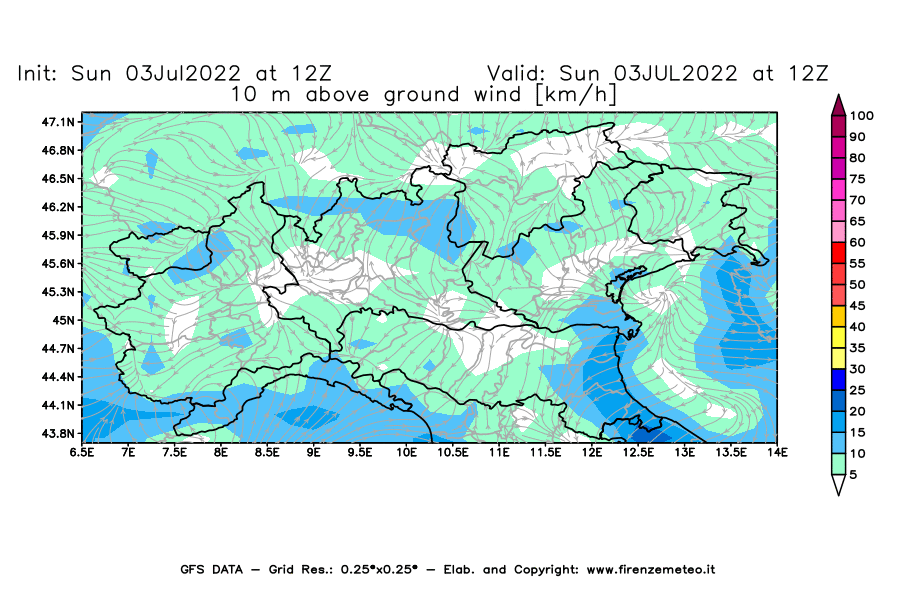 Mappa di analisi GFS - Velocità del vento a 10 metri dal suolo [km/h] in Nord-Italia
							del 03/07/2022 12 <!--googleoff: index-->UTC<!--googleon: index-->