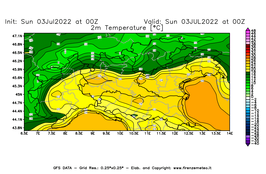 GFS analysi map - Temperature at 2 m above ground [°C] in Northern Italy
									on 03/07/2022 00 <!--googleoff: index-->UTC<!--googleon: index-->