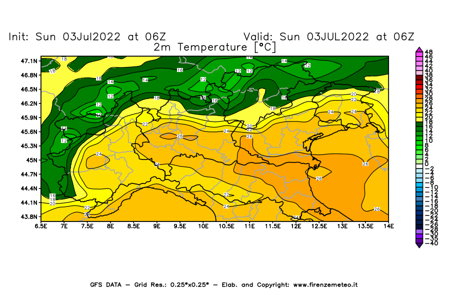 Mappa di analisi GFS - Temperatura a 2 metri dal suolo [°C] in Nord-Italia
							del 03/07/2022 06 <!--googleoff: index-->UTC<!--googleon: index-->