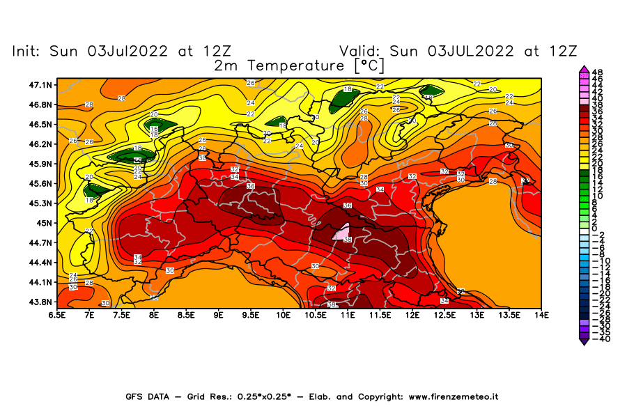 Mappa di analisi GFS - Temperatura a 2 metri dal suolo [°C] in Nord-Italia
							del 03/07/2022 12 <!--googleoff: index-->UTC<!--googleon: index-->