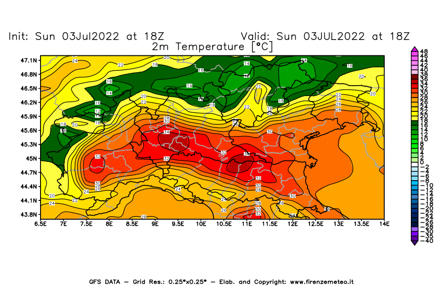 Mappa di analisi GFS - Temperatura a 2 metri dal suolo [°C] in Nord-Italia
							del 03/07/2022 18 <!--googleoff: index-->UTC<!--googleon: index-->