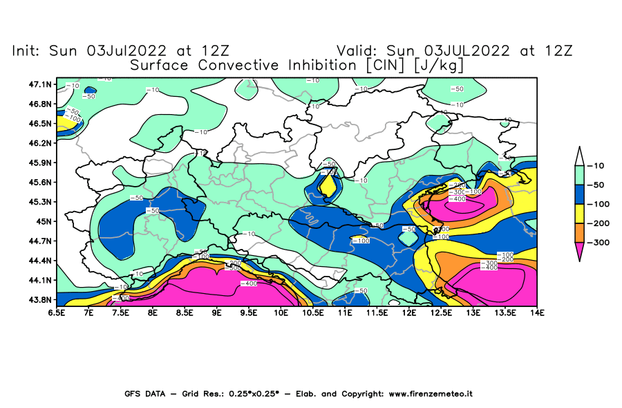 Mappa di analisi GFS - CIN [J/kg] in Nord-Italia
							del 03/07/2022 12 <!--googleoff: index-->UTC<!--googleon: index-->