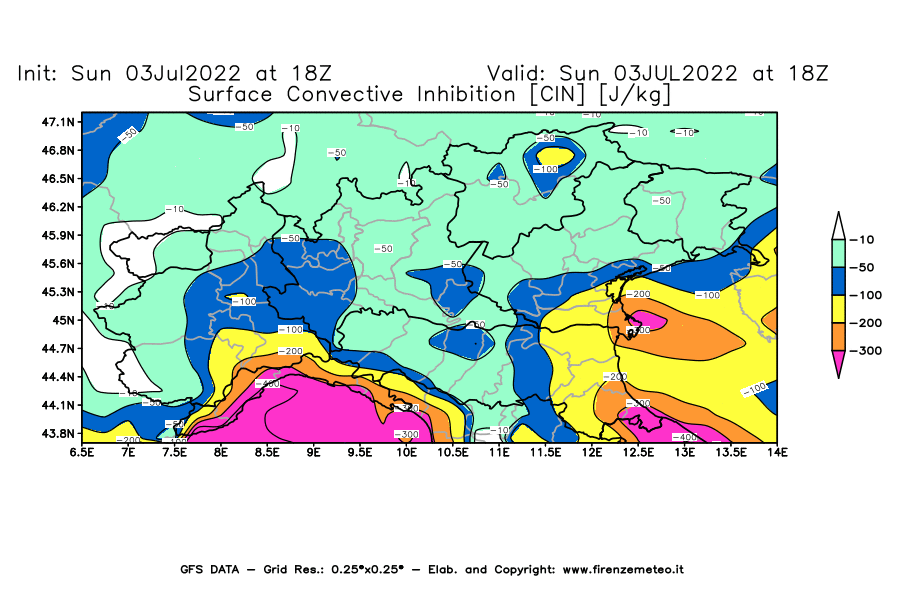GFS analysi map - CIN [J/kg] in Northern Italy
									on 03/07/2022 18 <!--googleoff: index-->UTC<!--googleon: index-->